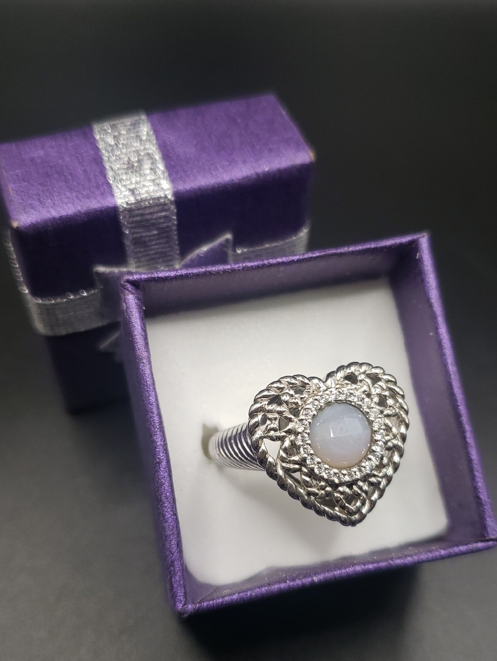 Judith Ripka Heart-Shaped Silver with Blue Chalcedony & Diamonique Stones Ring